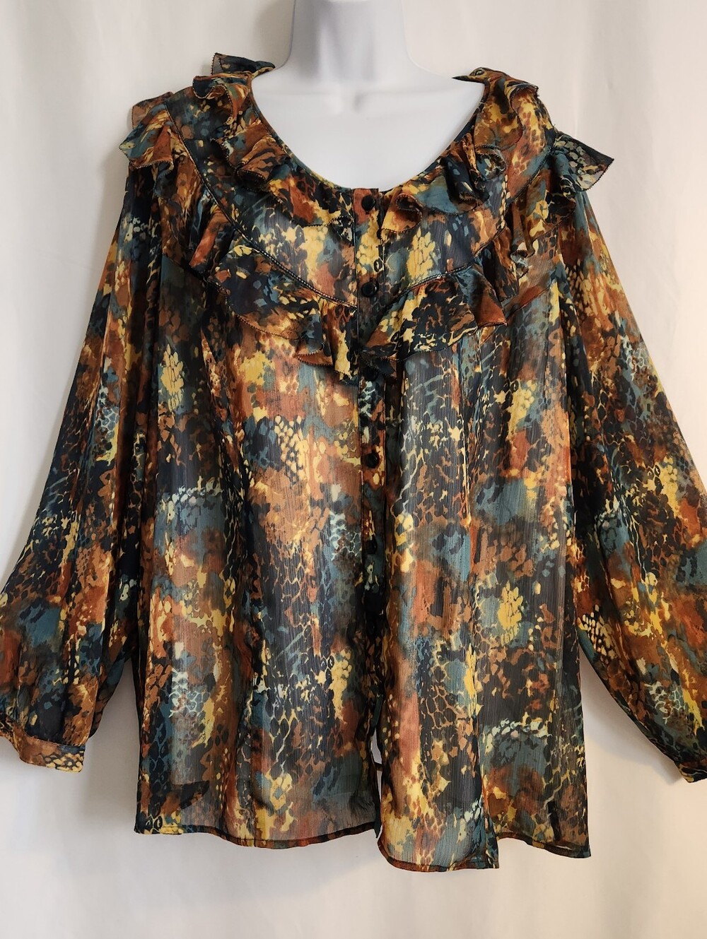 CJ Banks Sheer Ruffle Blouse in Teal, Rust & Black